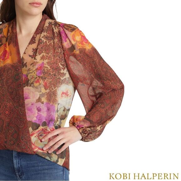 KOBI HALPERIN **NWT** Cleo Paisley-Print Blouson-Sleeve Blouse in Papaya Multi - Picture 11 of 15